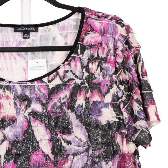 Notations Ruffle Sparkle Shirt XL Womens NEW Floral Pink Purple Y2K Short Sleeve - Picture 2 of 5